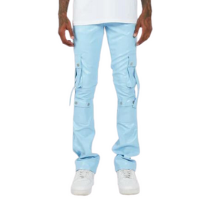 BABY BLUE LEATHER CARGO STACKED PANTS