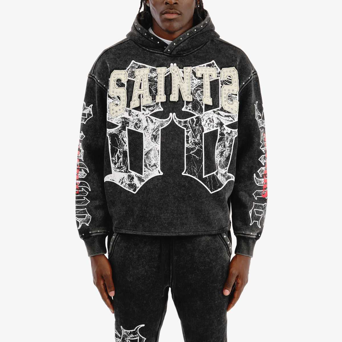 BLACK SAINT HOODIE W/ RHINESTONES