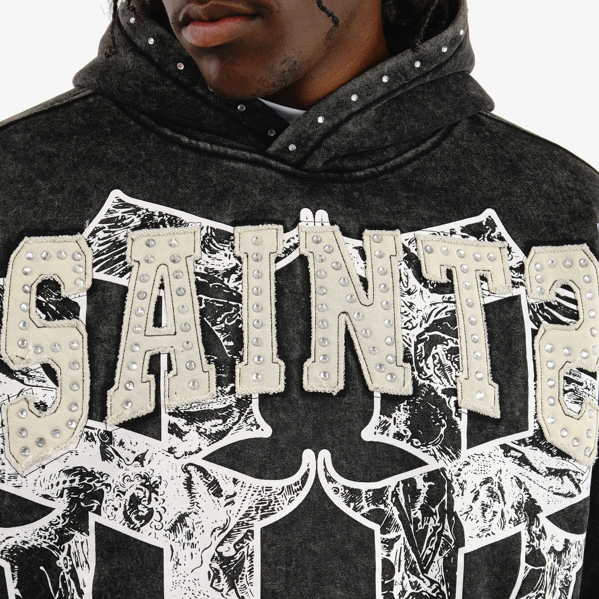 BLACK SAINT HOODIE W/ RHINESTONES