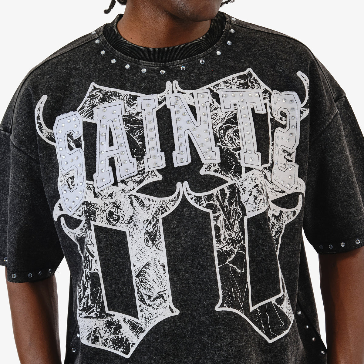 BLACK SAINTS W/ RHINESTONES CROP T-SHIRT