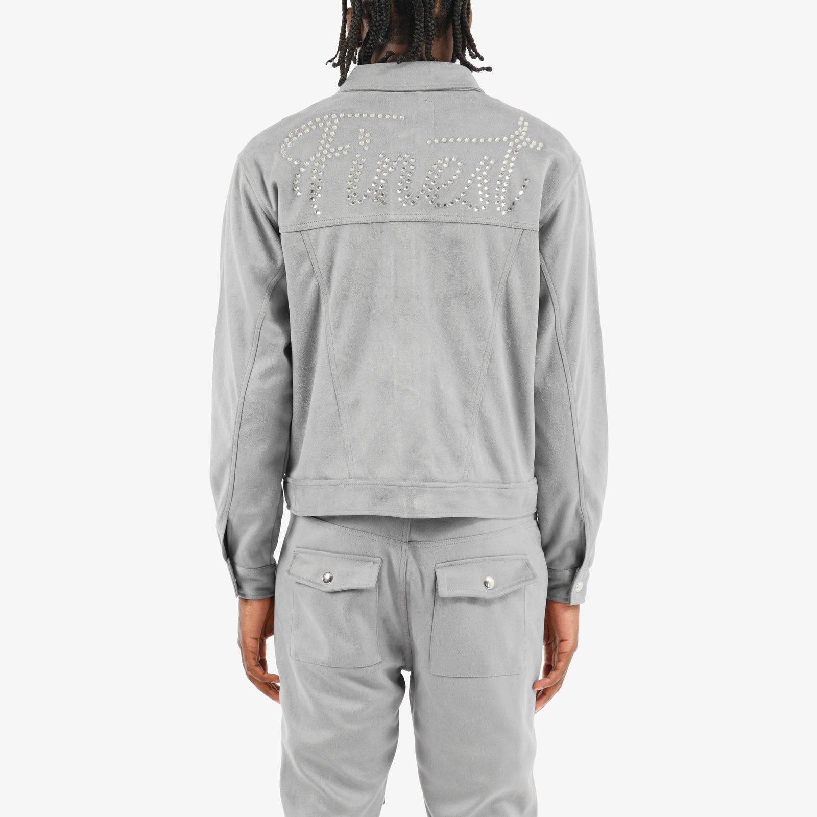 GRAY SUEDE JACKET W/ RHINESTONES