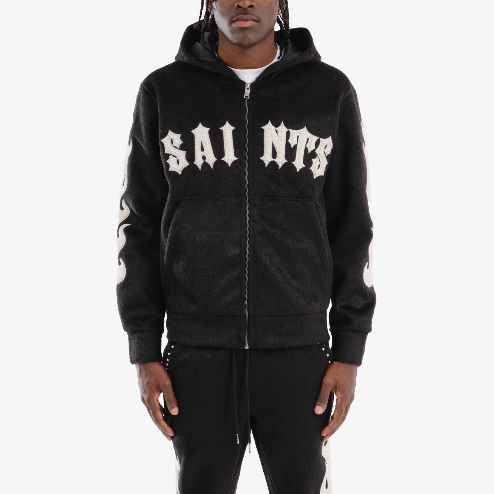 BLACK "SAINTS" MOHAIR HOODIE W/ PEARL DETAILS