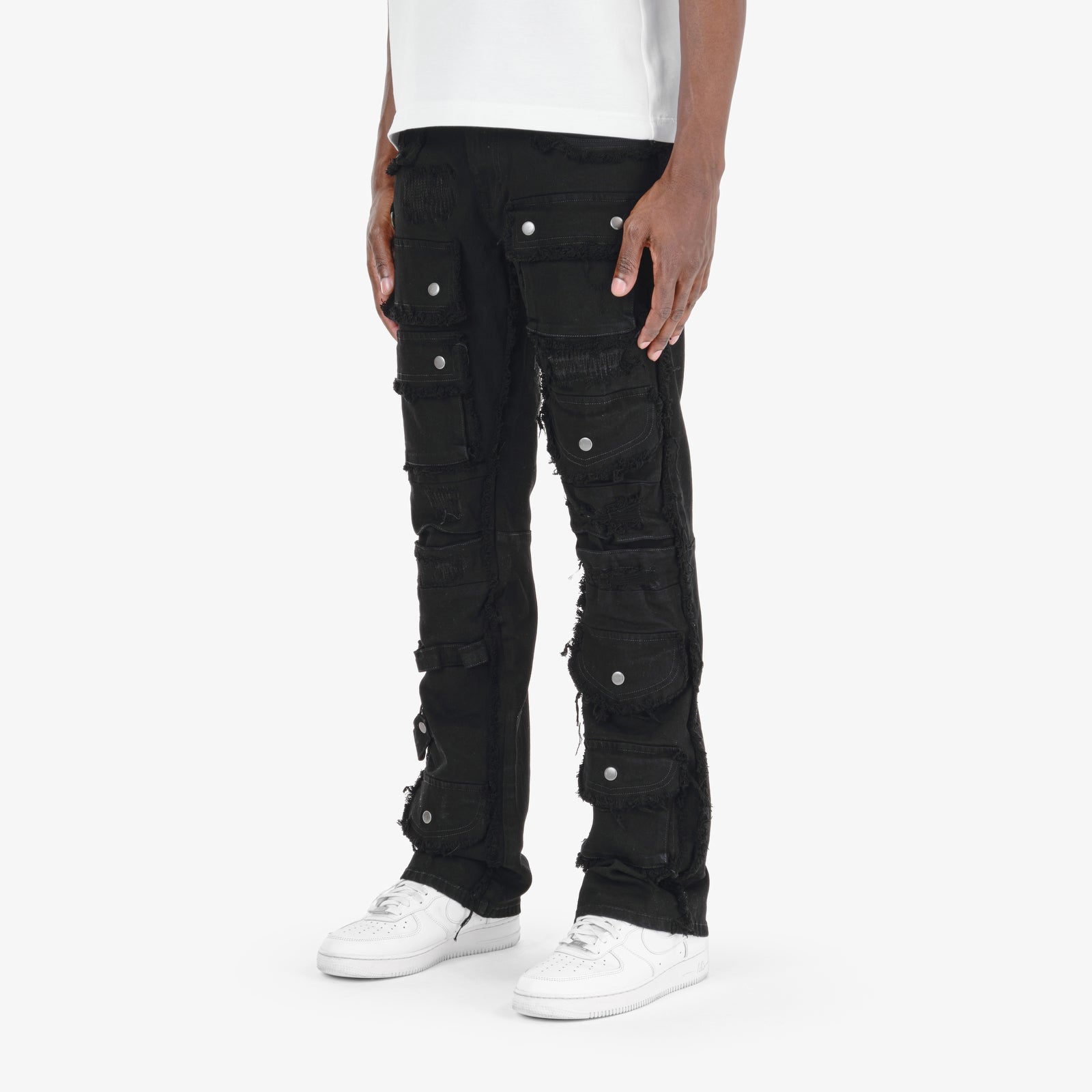 BLACK MULTI CARGO STACKED DENIMS