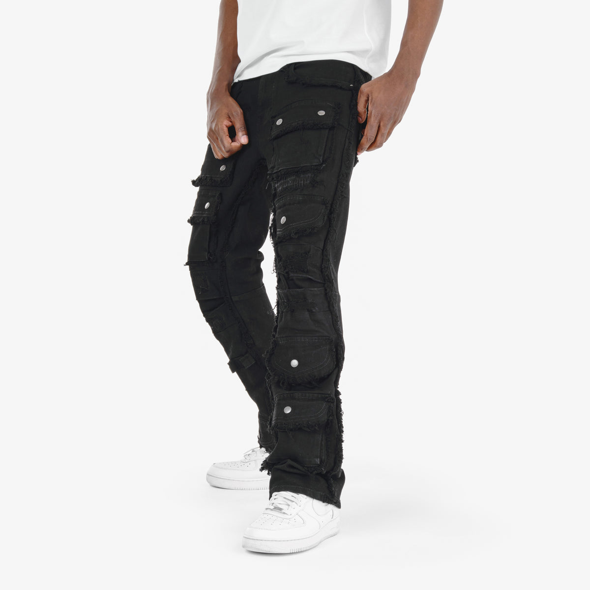 BLACK MULTI CARGO STACKED DENIMS