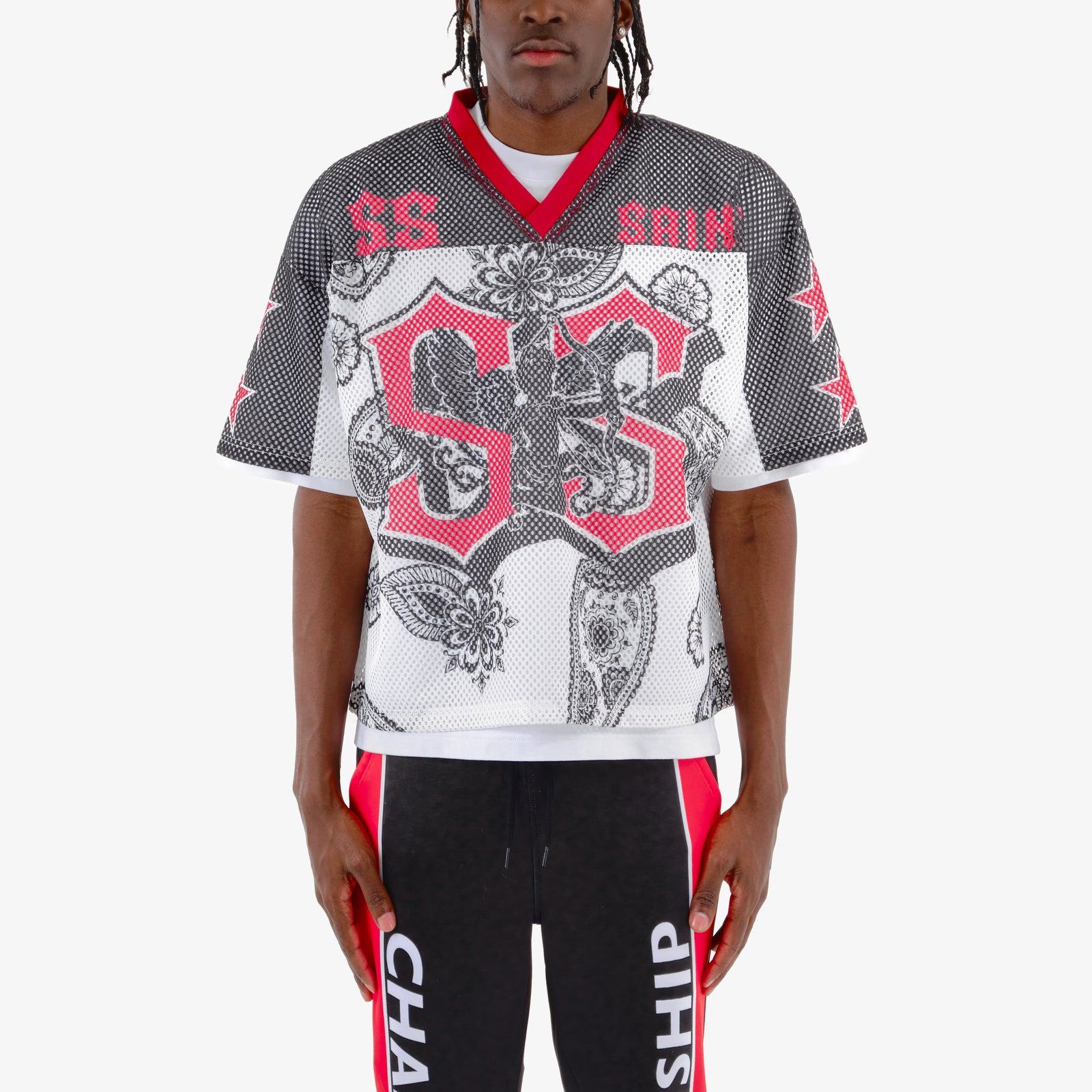 CROPPED BLACK MESH SAINT SHORT SLEEVE
