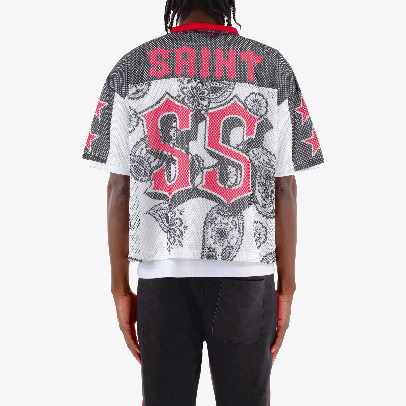 CROPPED BLACK MESH SAINT SHORT SLEEVE