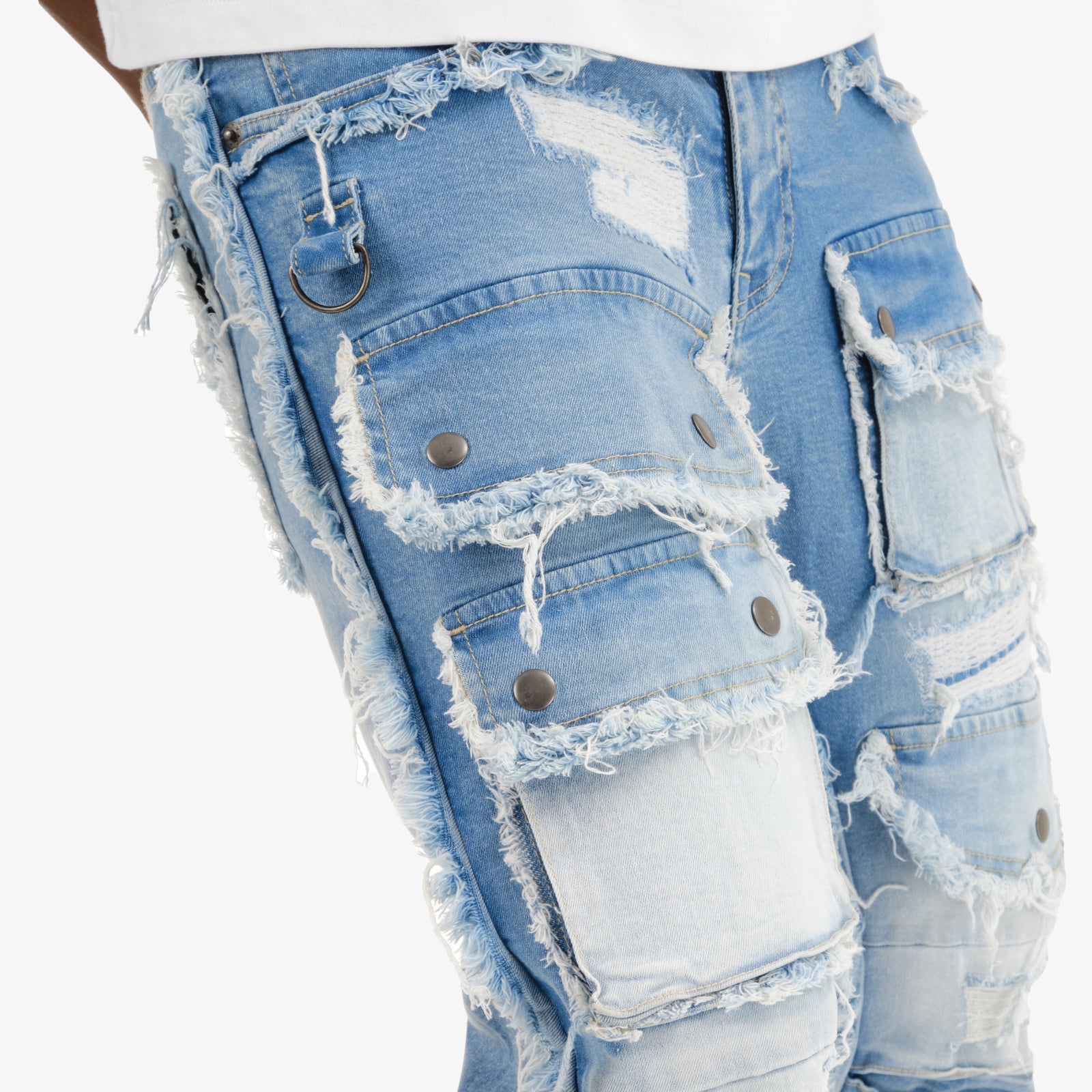 LIGHT BLUE MULTI CARGO STACKED DENIMS