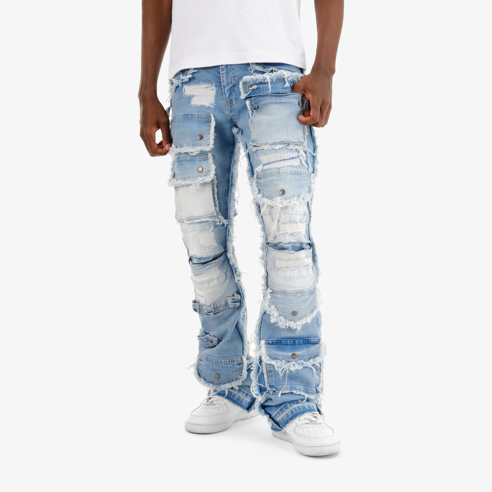 LIGHT BLUE MULTI CARGO STACKED DENIMS
