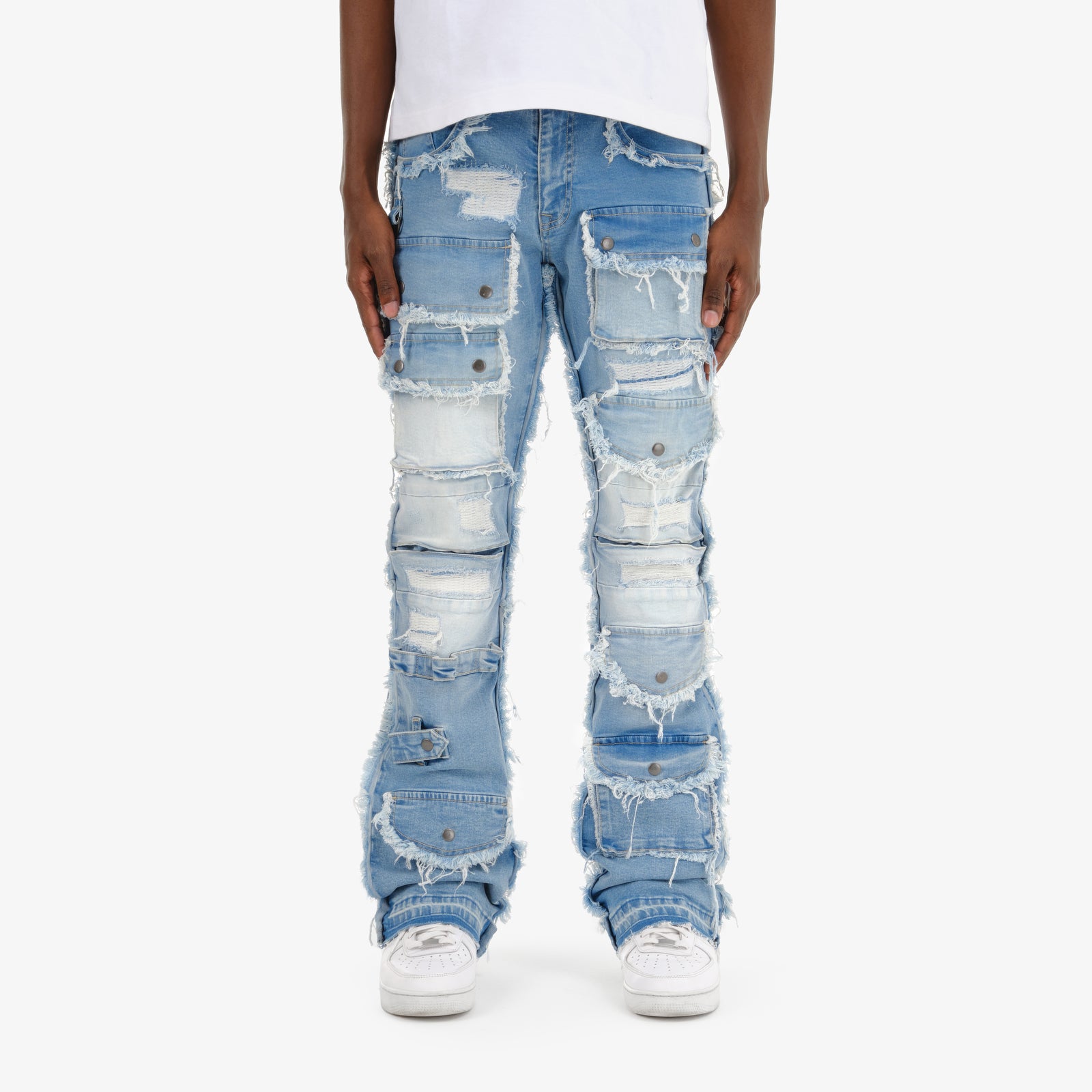 LIGHT BLUE MULTI CARGO STACKED DENIMS