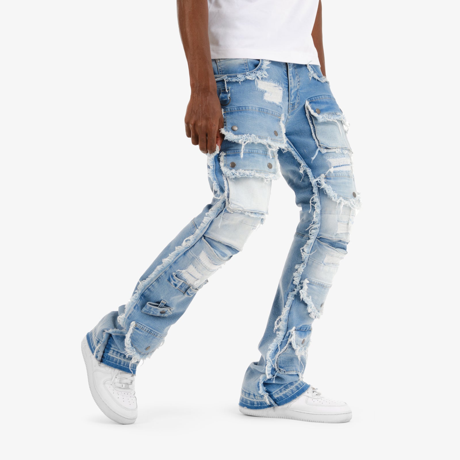 LIGHT BLUE MULTI CARGO STACKED DENIMS