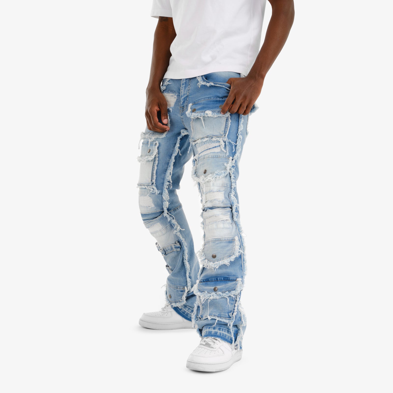 LIGHT BLUE MULTI CARGO STACKED DENIMS