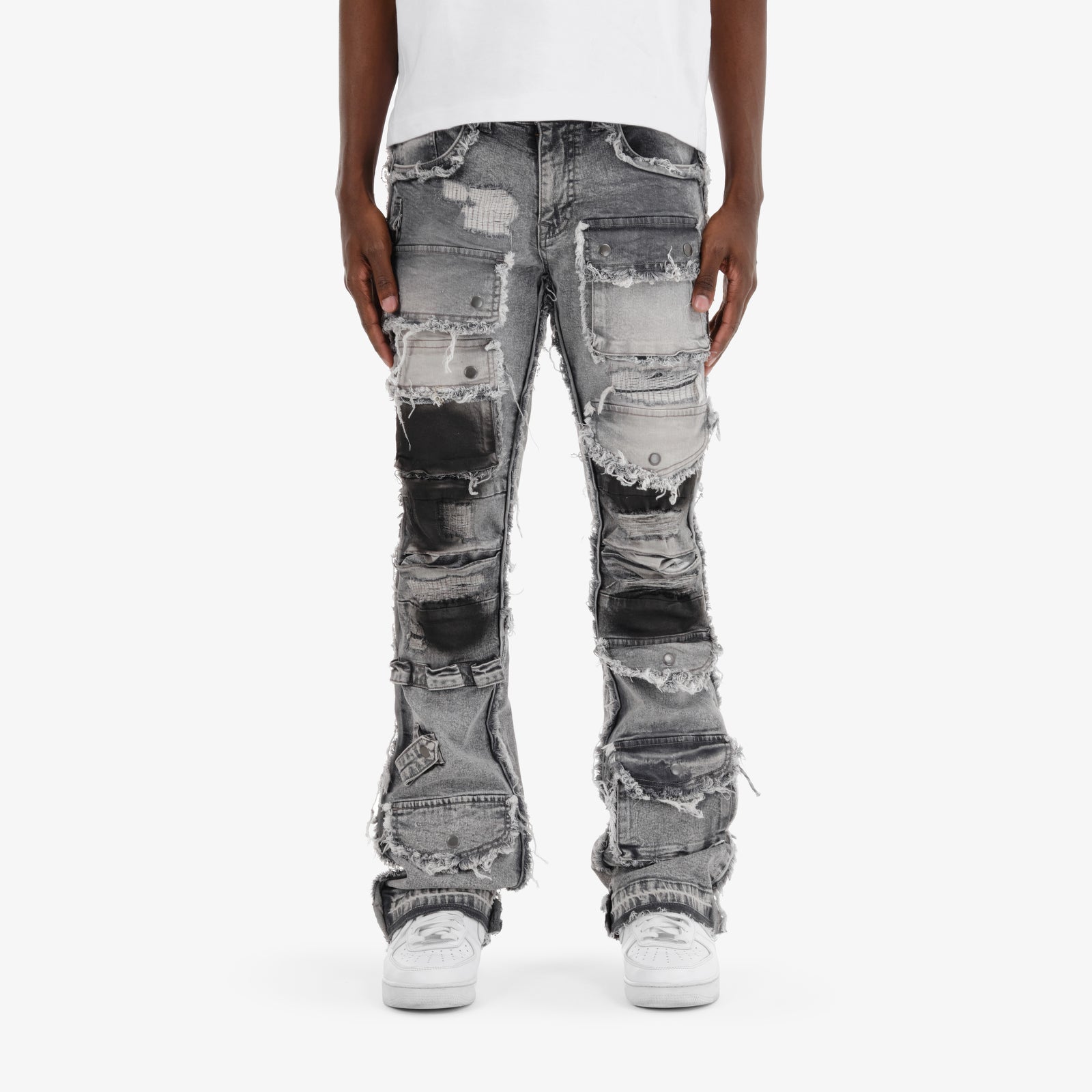 GRAY MULTI CARGO STACKED DENIMS