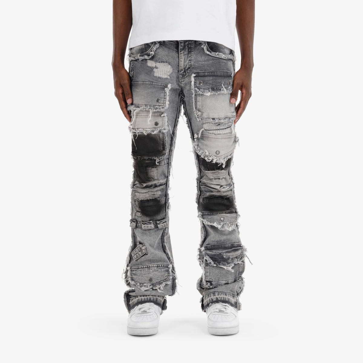 GRAY MULTI CARGO STACKED DENIMS