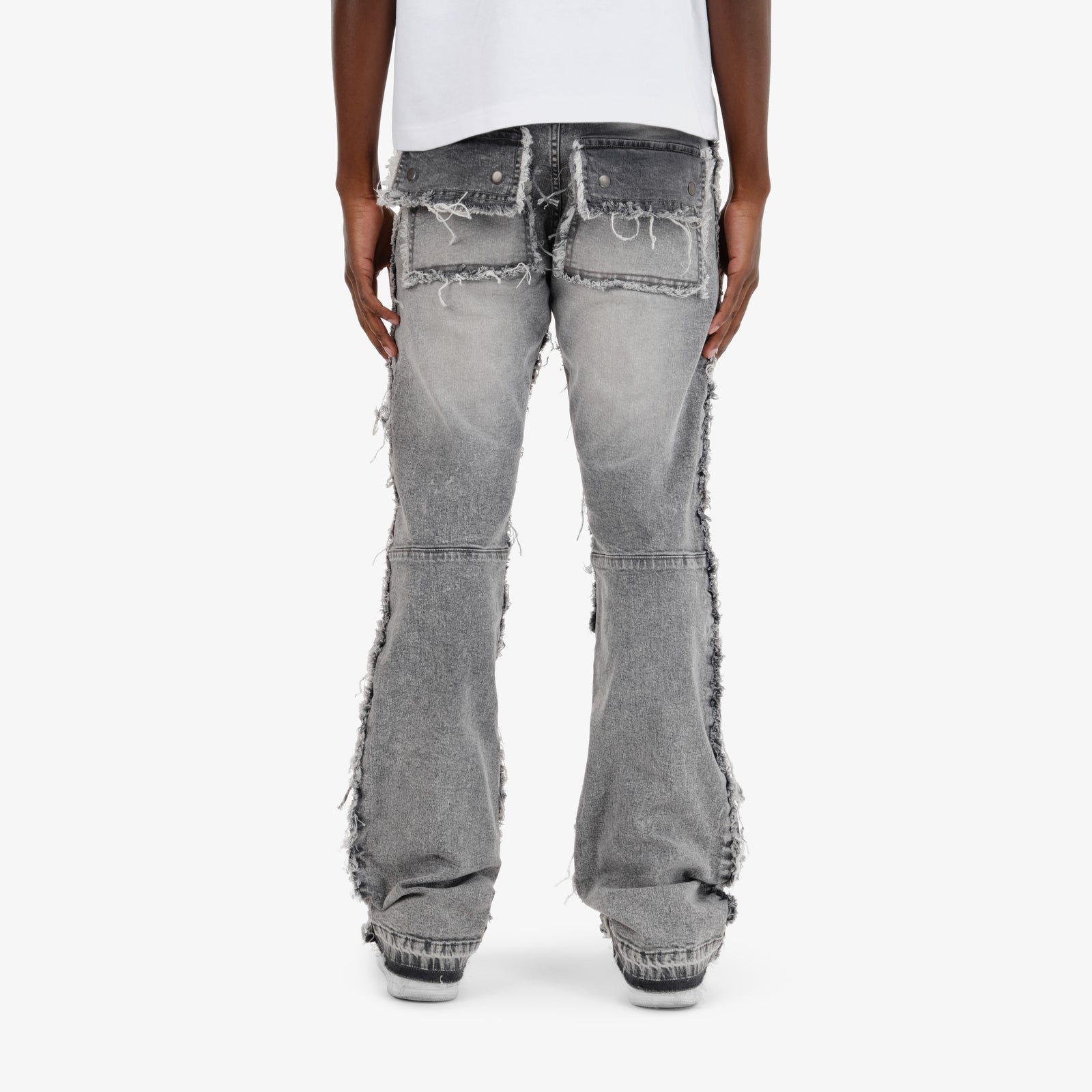 GRAY MULTI CARGO STACKED DENIMS