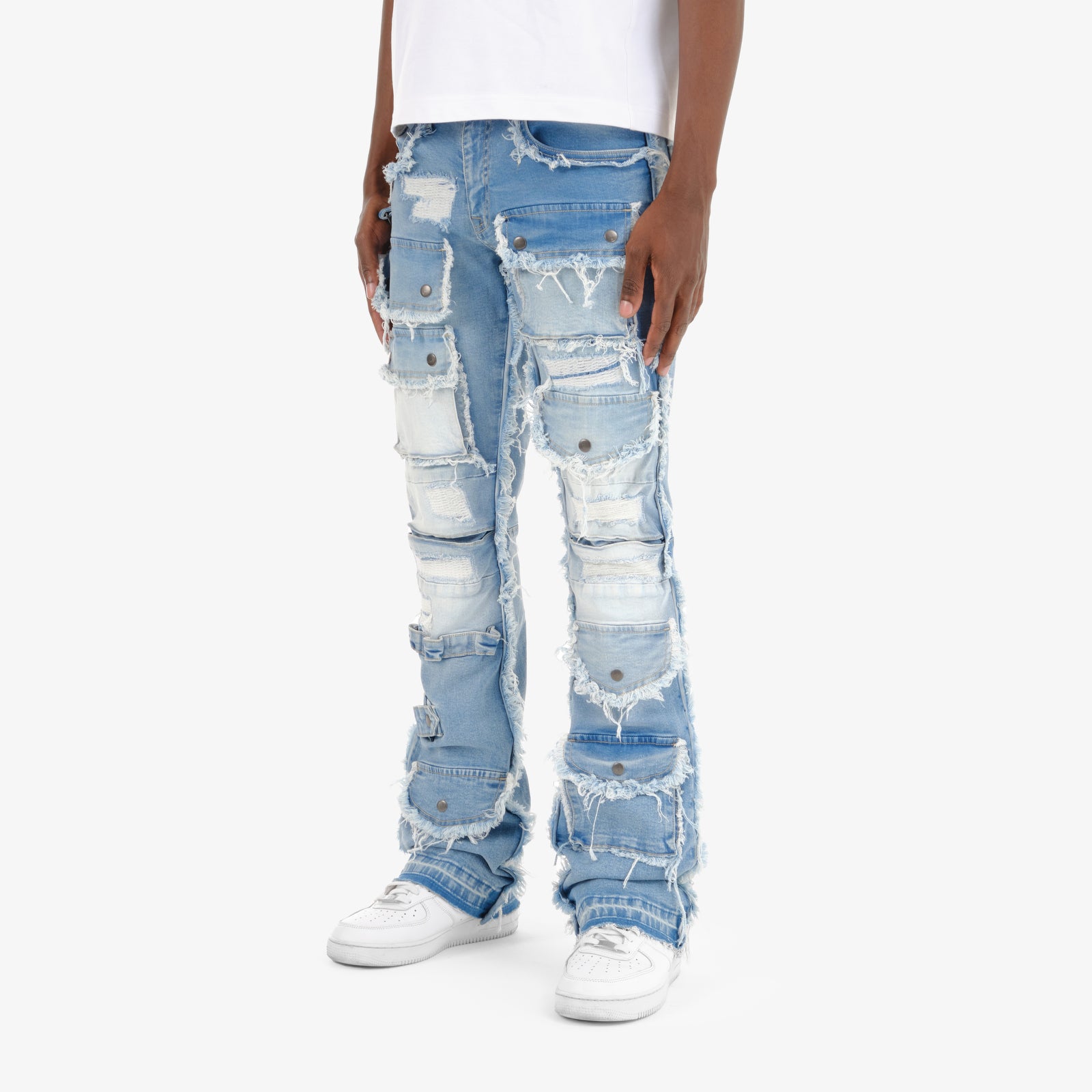 LIGHT BLUE MULTI CARGO STACKED DENIMS