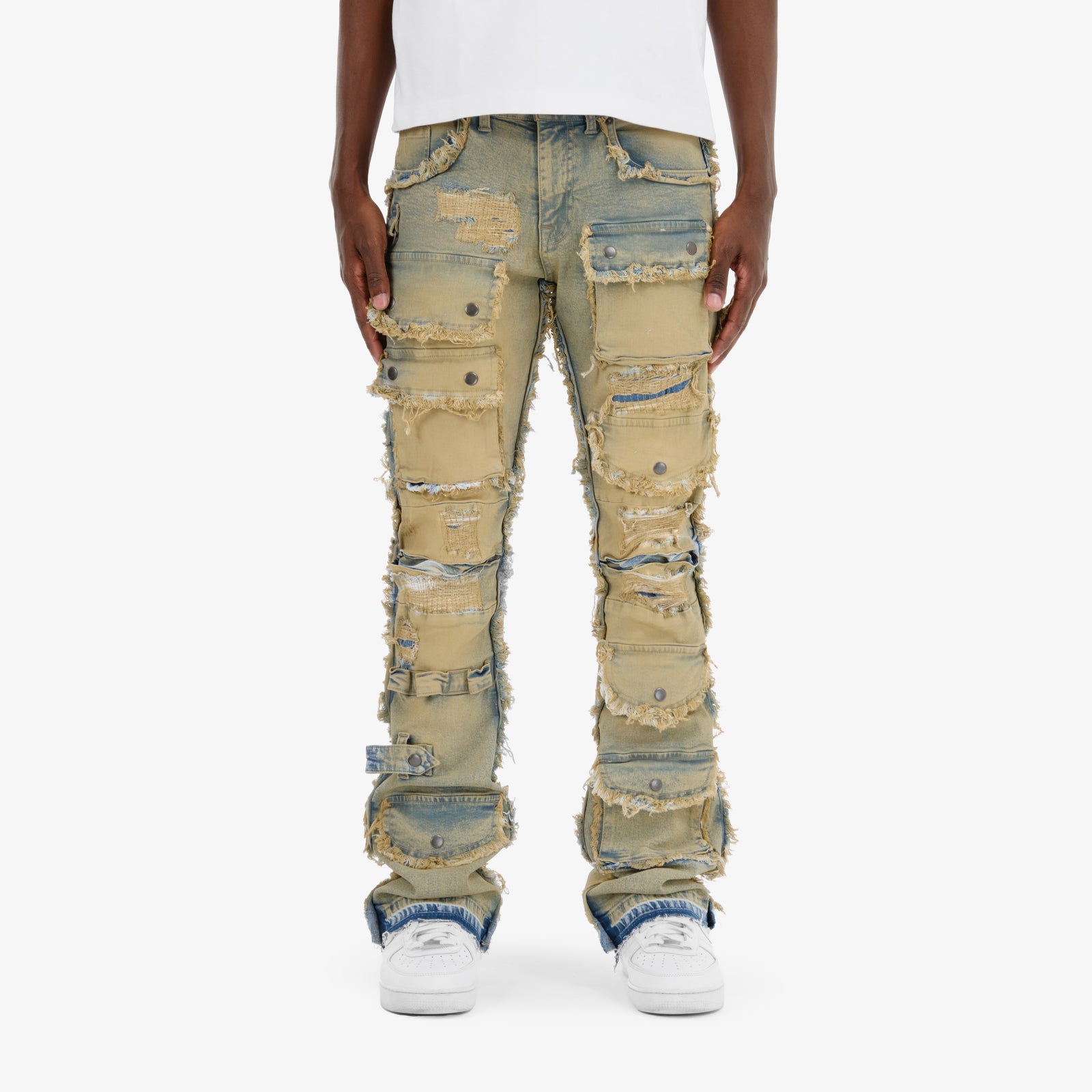 VINTAGE WASHED MULTI CARGO STACKED DENIMS