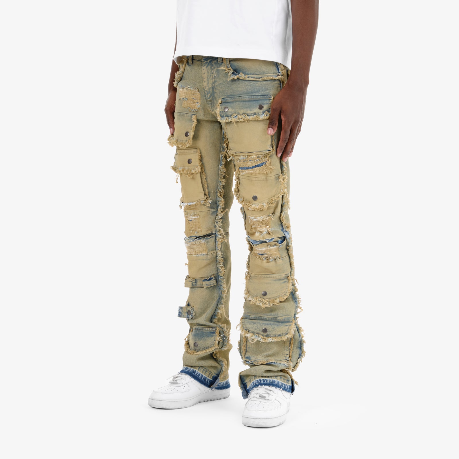 VINTAGE WASHED MULTI CARGO STACKED DENIMS