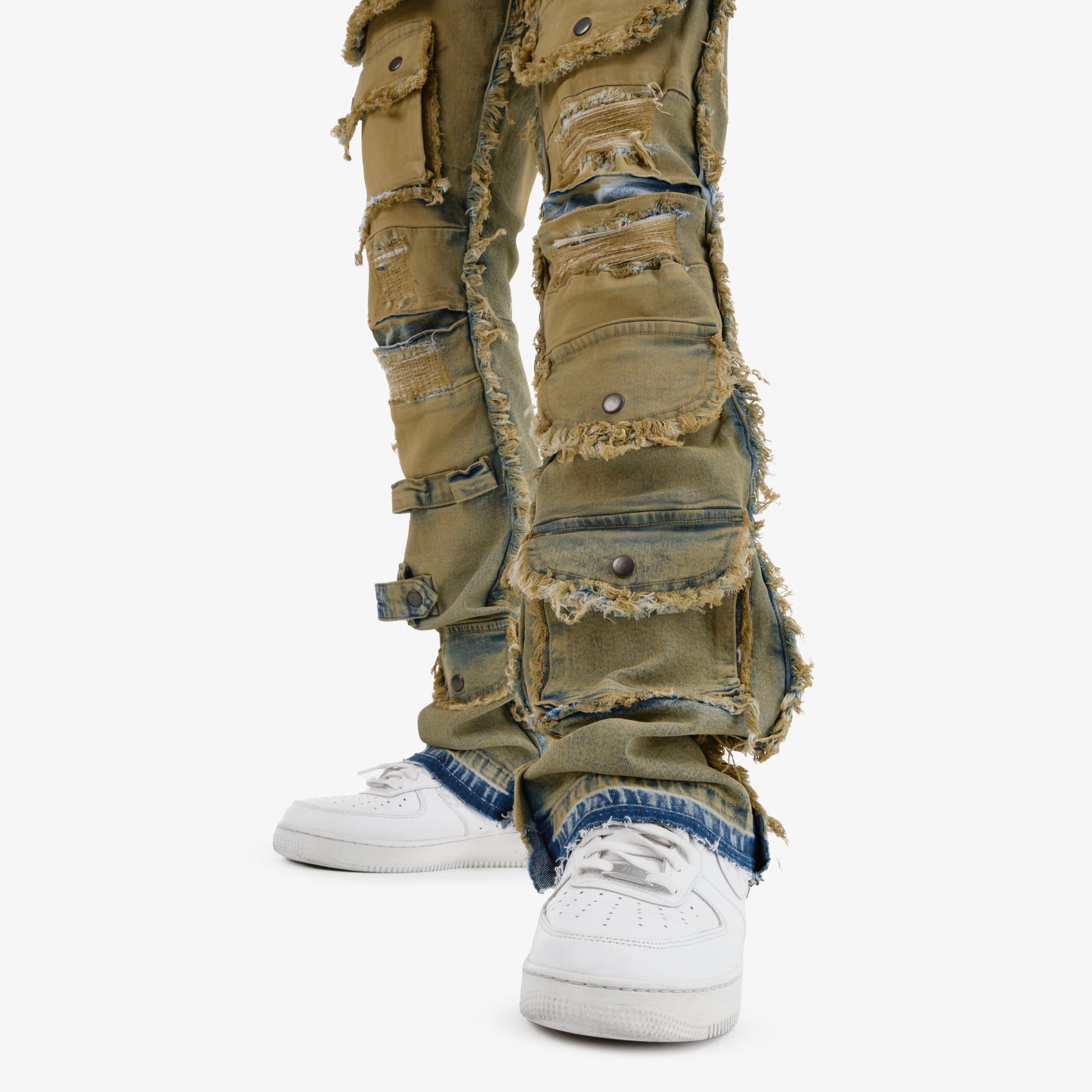 VINTAGE WASHED MULTI CARGO STACKED DENIMS