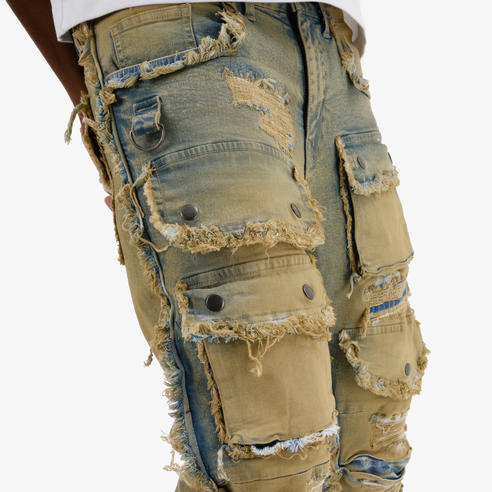 VINTAGE WASHED MULTI CARGO STACKED DENIMS