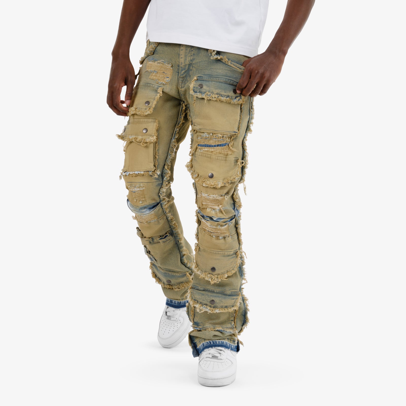 VINTAGE WASHED MULTI CARGO STACKED DENIMS
