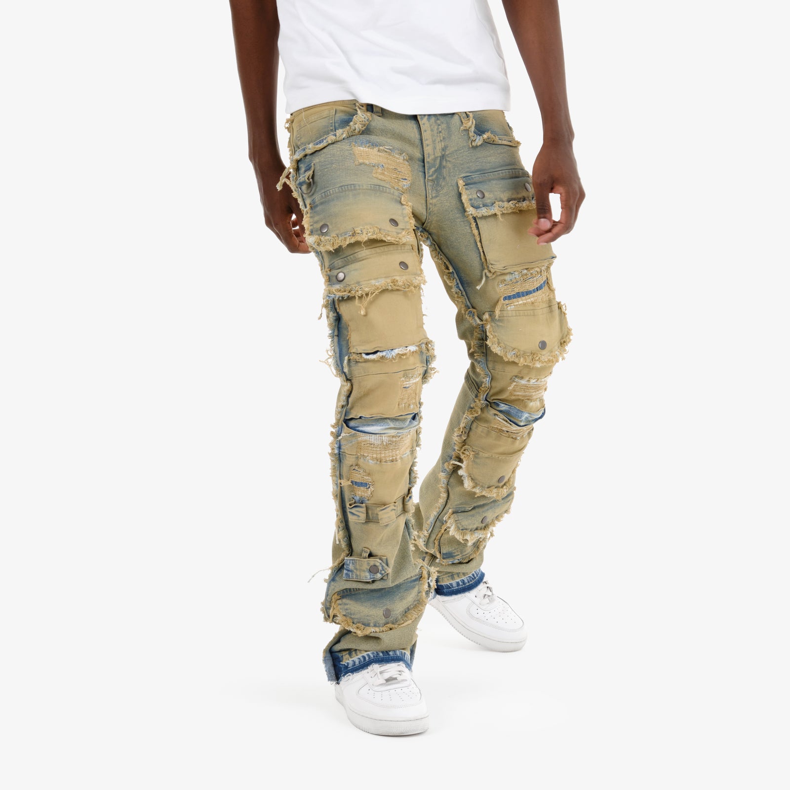 VINTAGE WASHED MULTI CARGO STACKED DENIMS