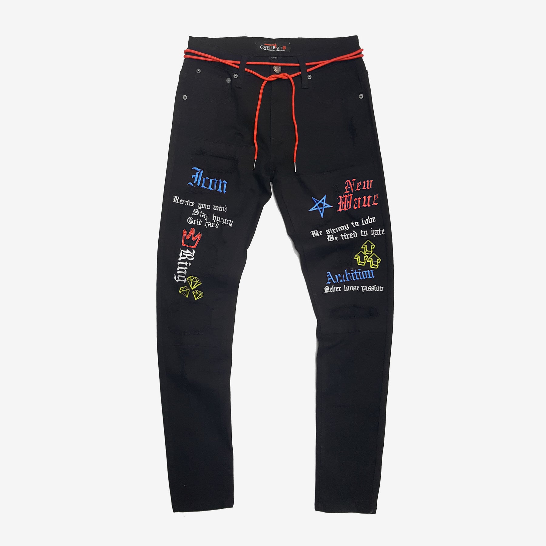 JET BLACK JEANS W/ COLOR EMBROIDERY & WAIST STRING - Copper Rivet