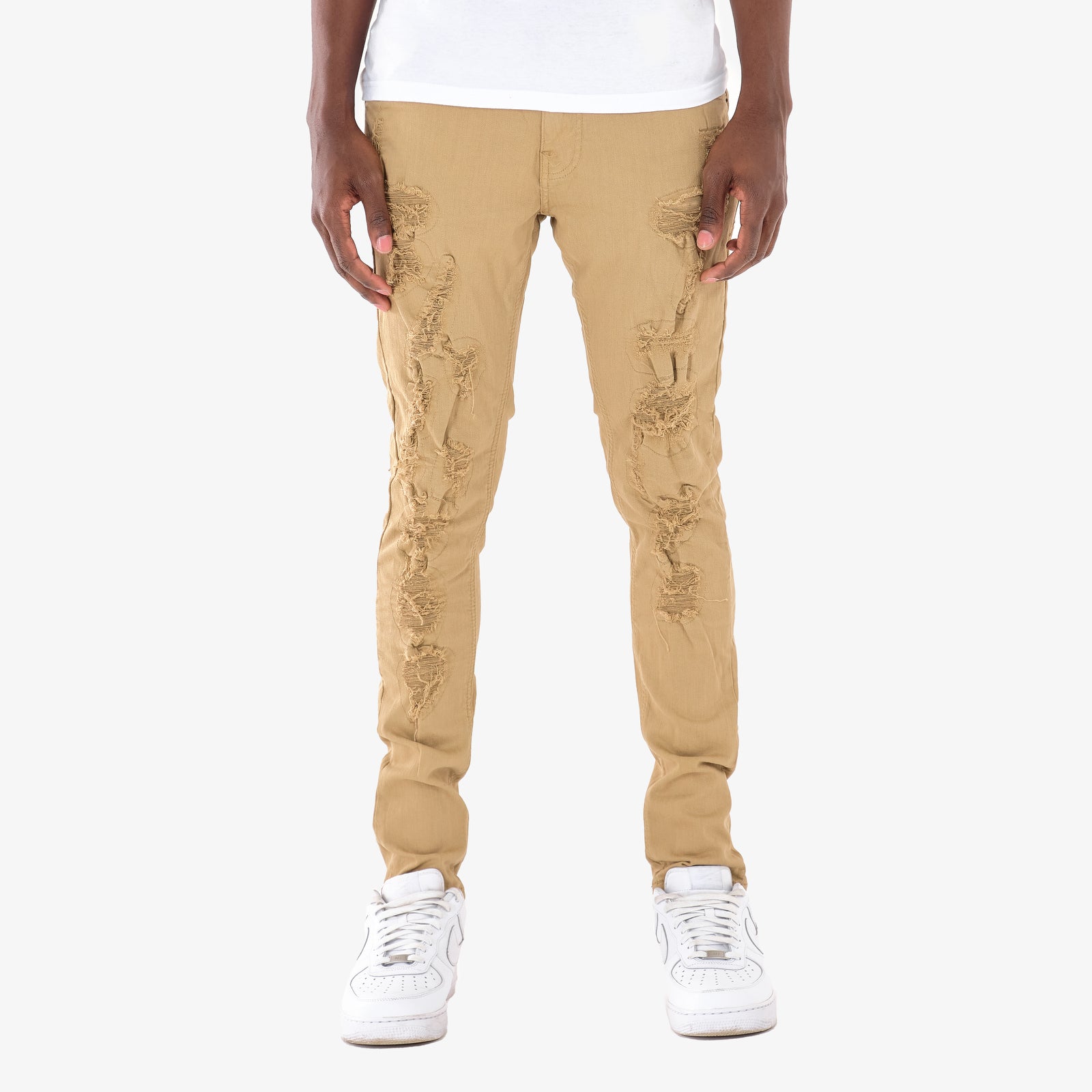 KHAKI PANTS WITH RIPS & PERMANENT WRINKLES
