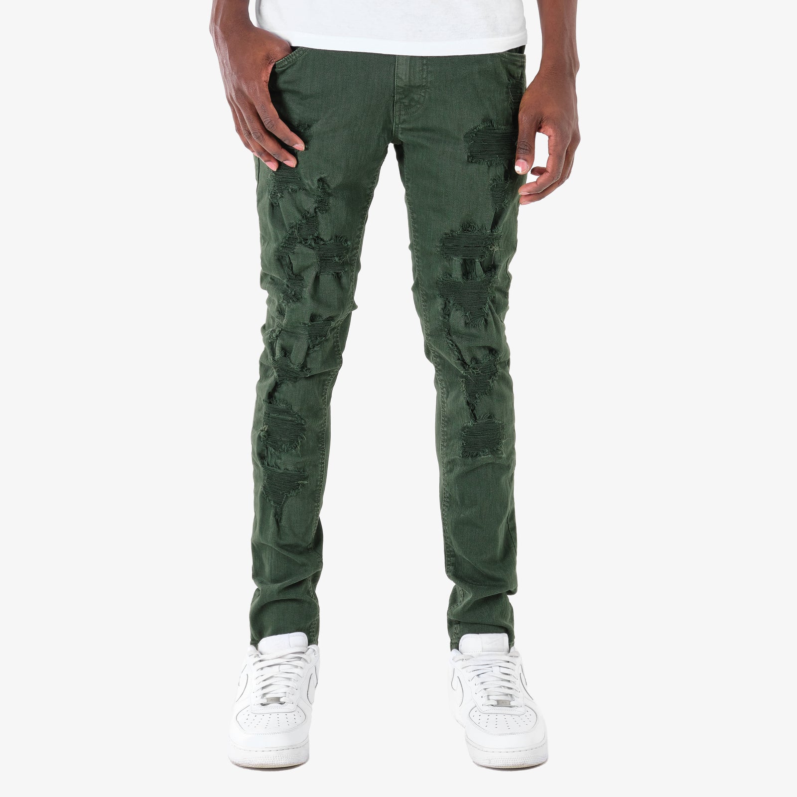 OLIVE PANTS WITH RIPS & PERMANENT WRINKLES