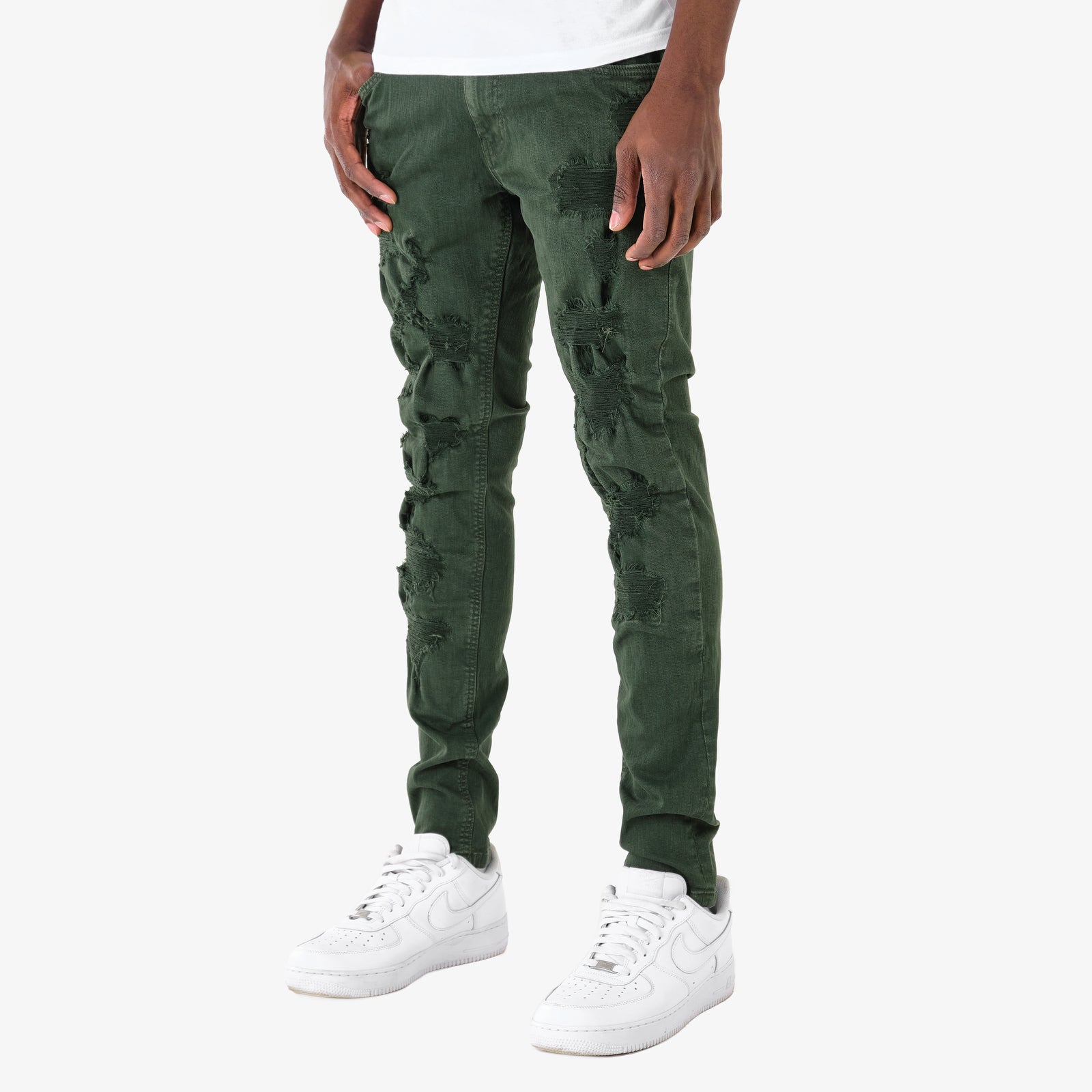 OLIVE PANTS WITH RIPS & PERMANENT WRINKLES