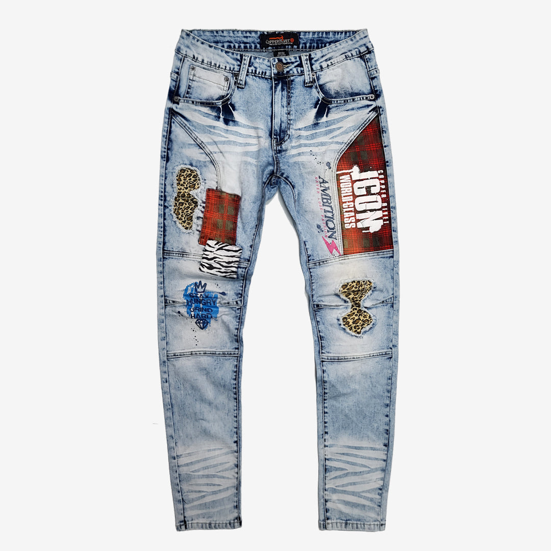 LIGHT SAND BLUE JEANS W/ FLANNEL PATCHWORK - Copper Rivet