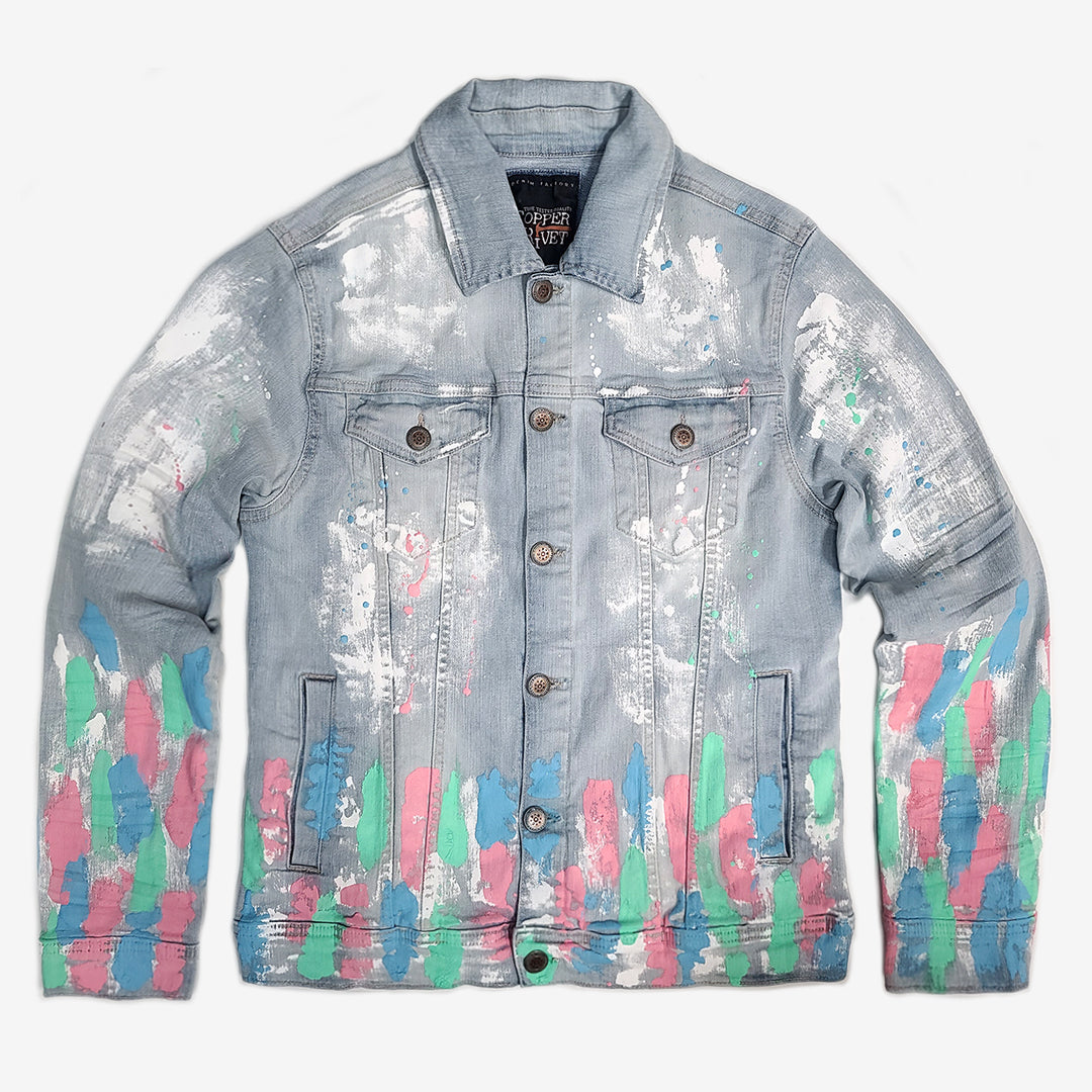 LIGHT BLUE DENIM JACKET W/ MULTI COLOR DETAIL - Copper Rivet