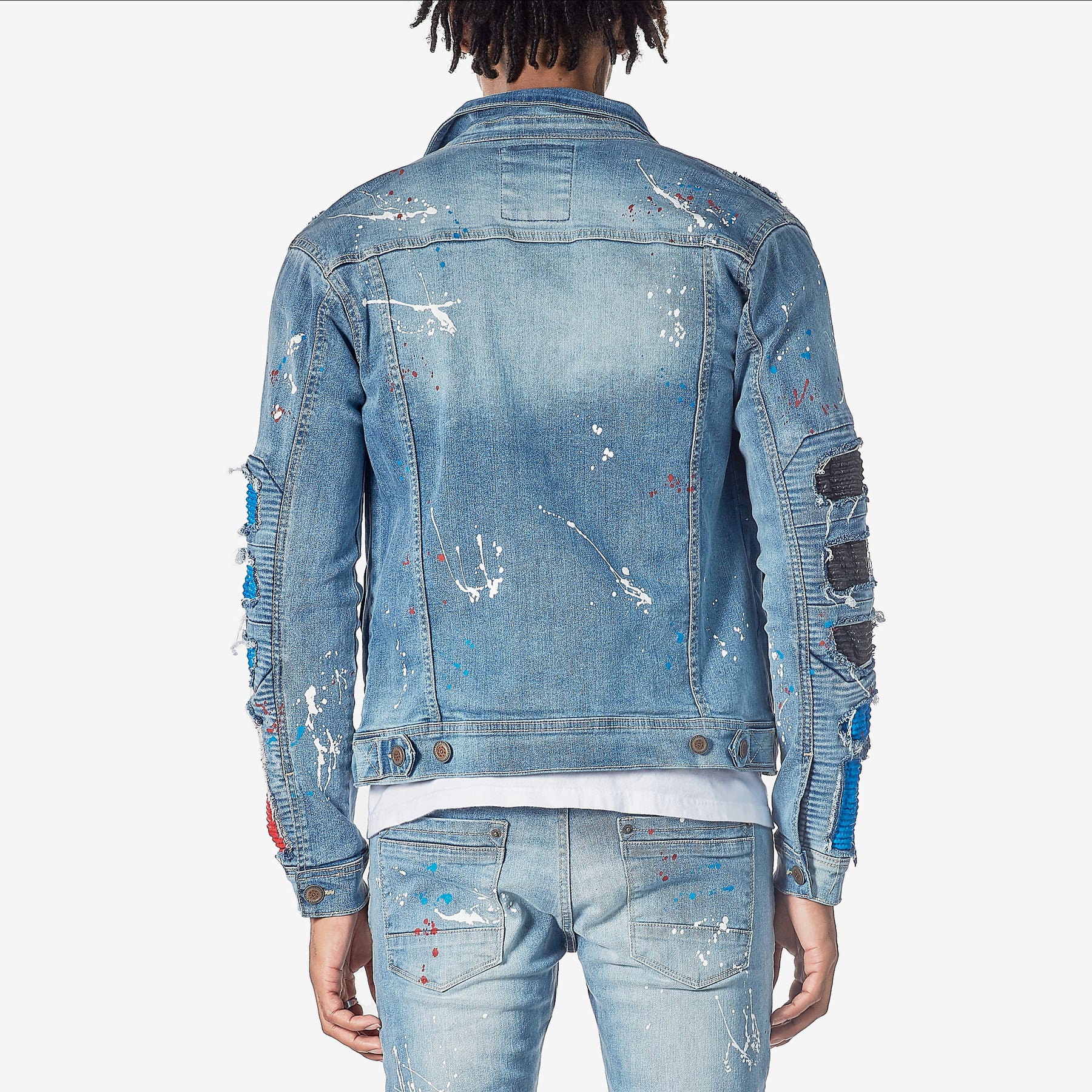 LIGHT SAND BLUE W/ BIKER RIP & REPAIR DENIM JACKET - Copper Rivet