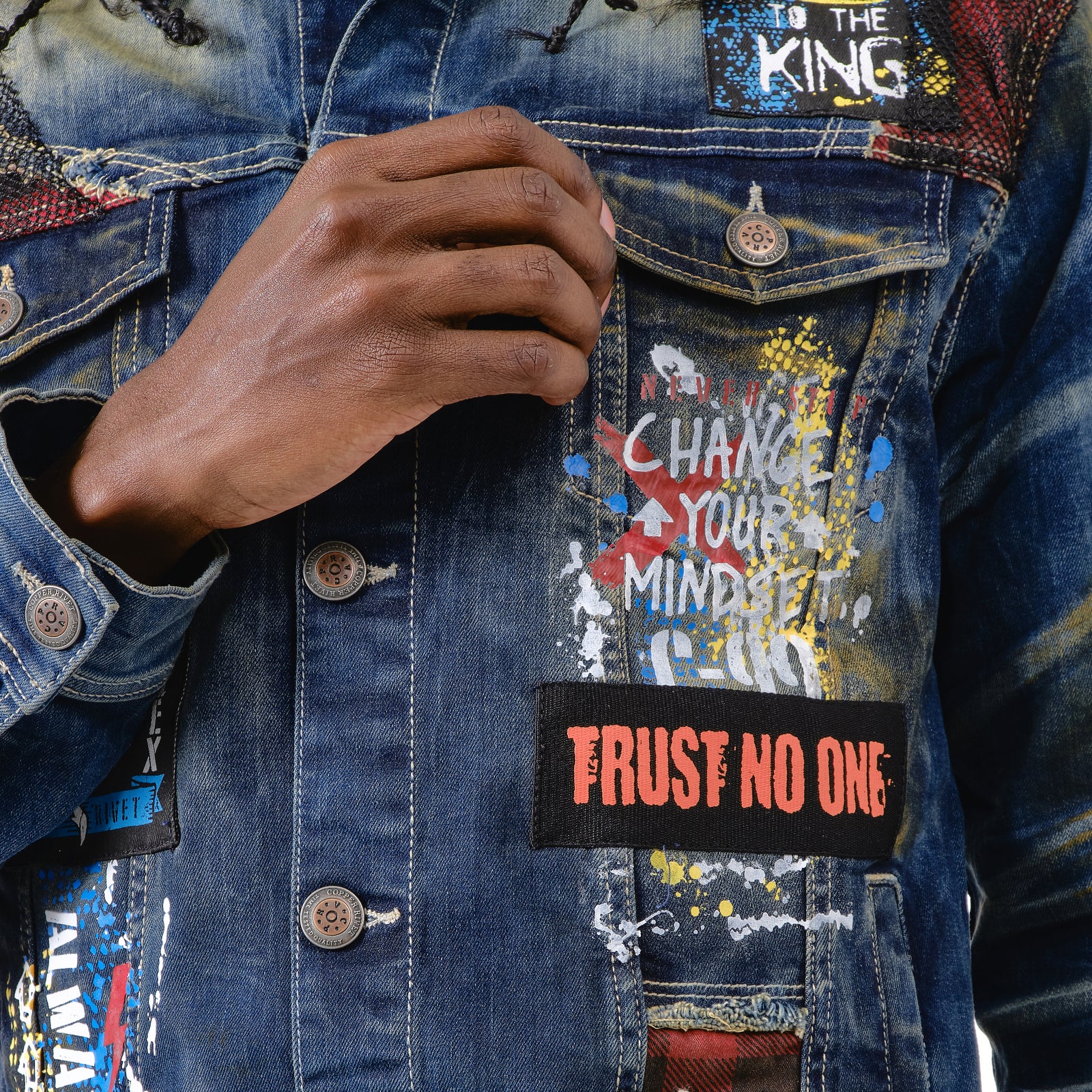 KHAKI TINT DENIM JACKET W/ PLAID & MESH PATCHES
