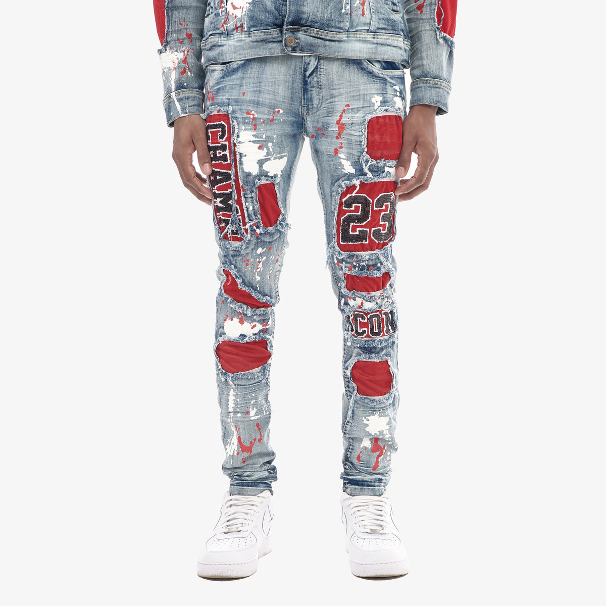 LIGHT SAND BLUE JERSEY RIP & REPAIR JEANS