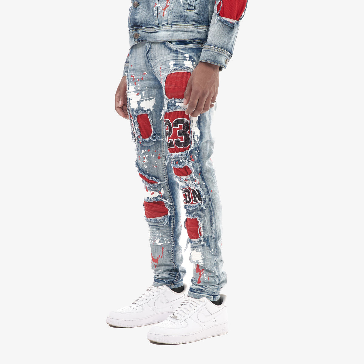 LIGHT SAND BLUE JERSEY RIP & REPAIR JEANS