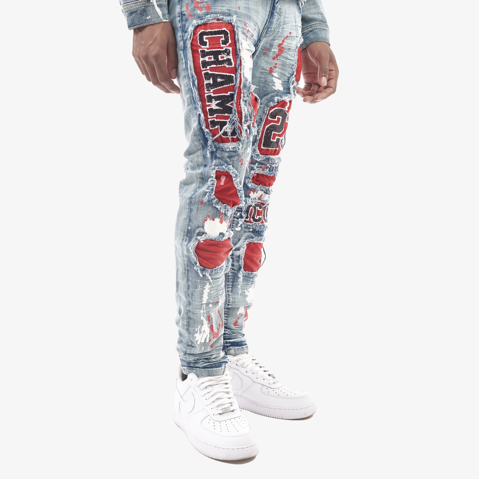 LIGHT SAND BLUE JERSEY RIP & REPAIR JEANS