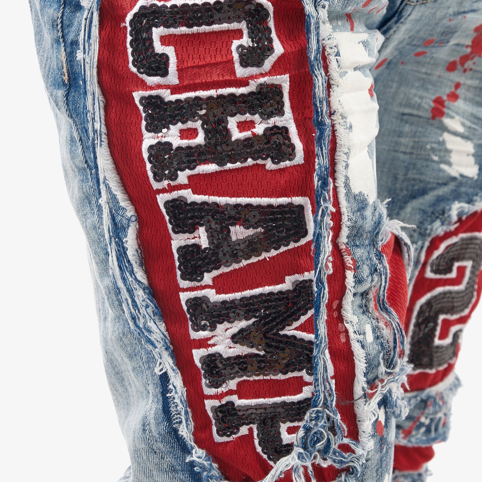 LIGHT SAND BLUE JERSEY RIP & REPAIR JEANS