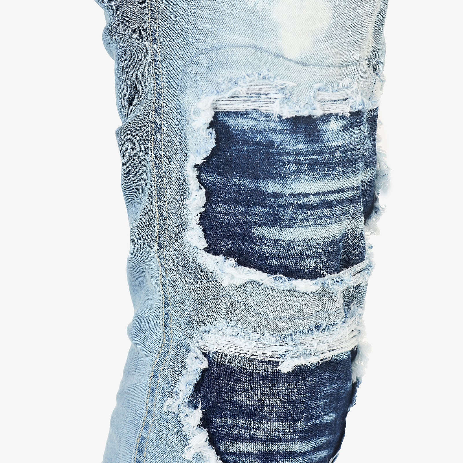 LIGHT SAND WASH JEANS W/ BLEACHED RIP & REPAIR