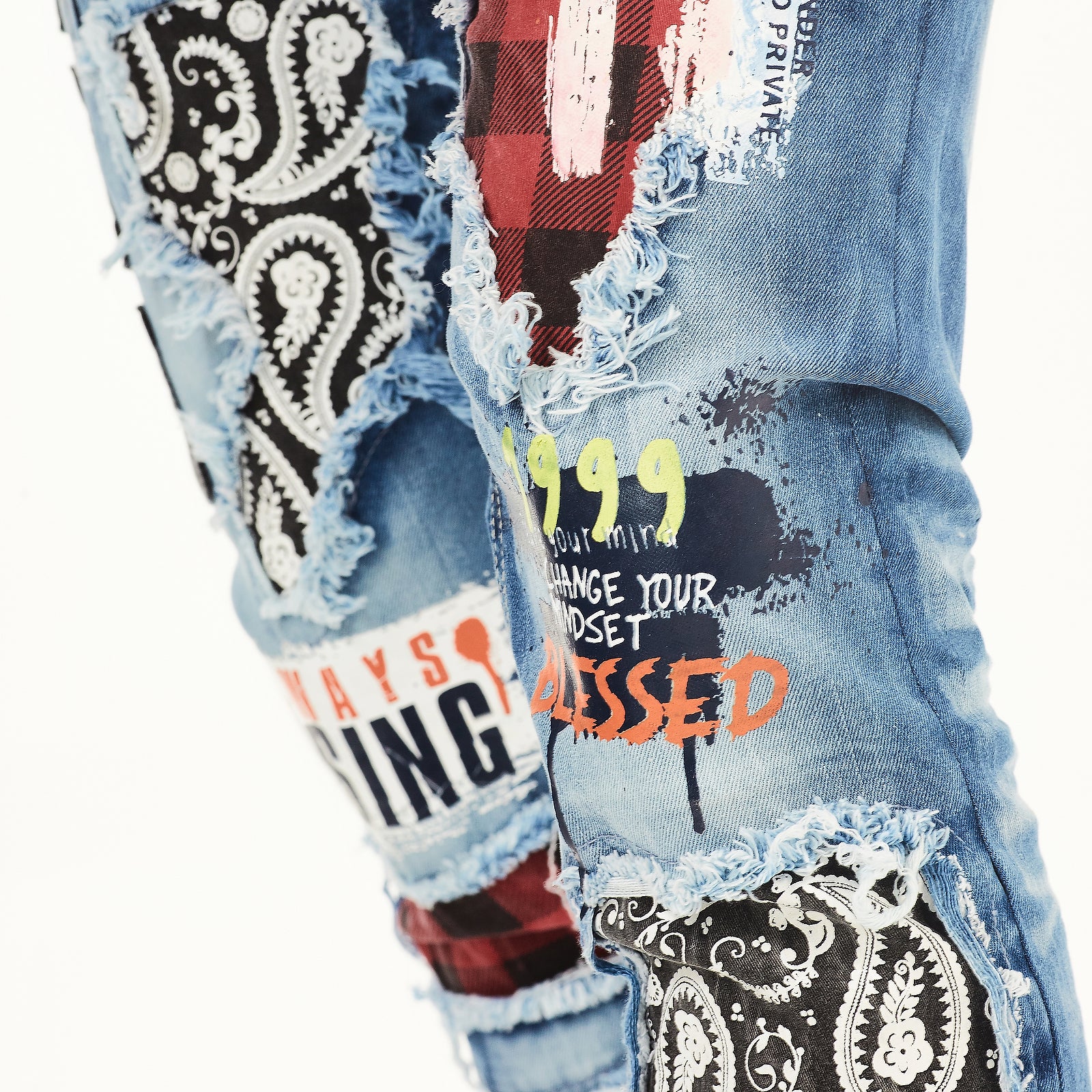 LIGHT SAND BLUE PLAID RIP & REPAIR JEANS