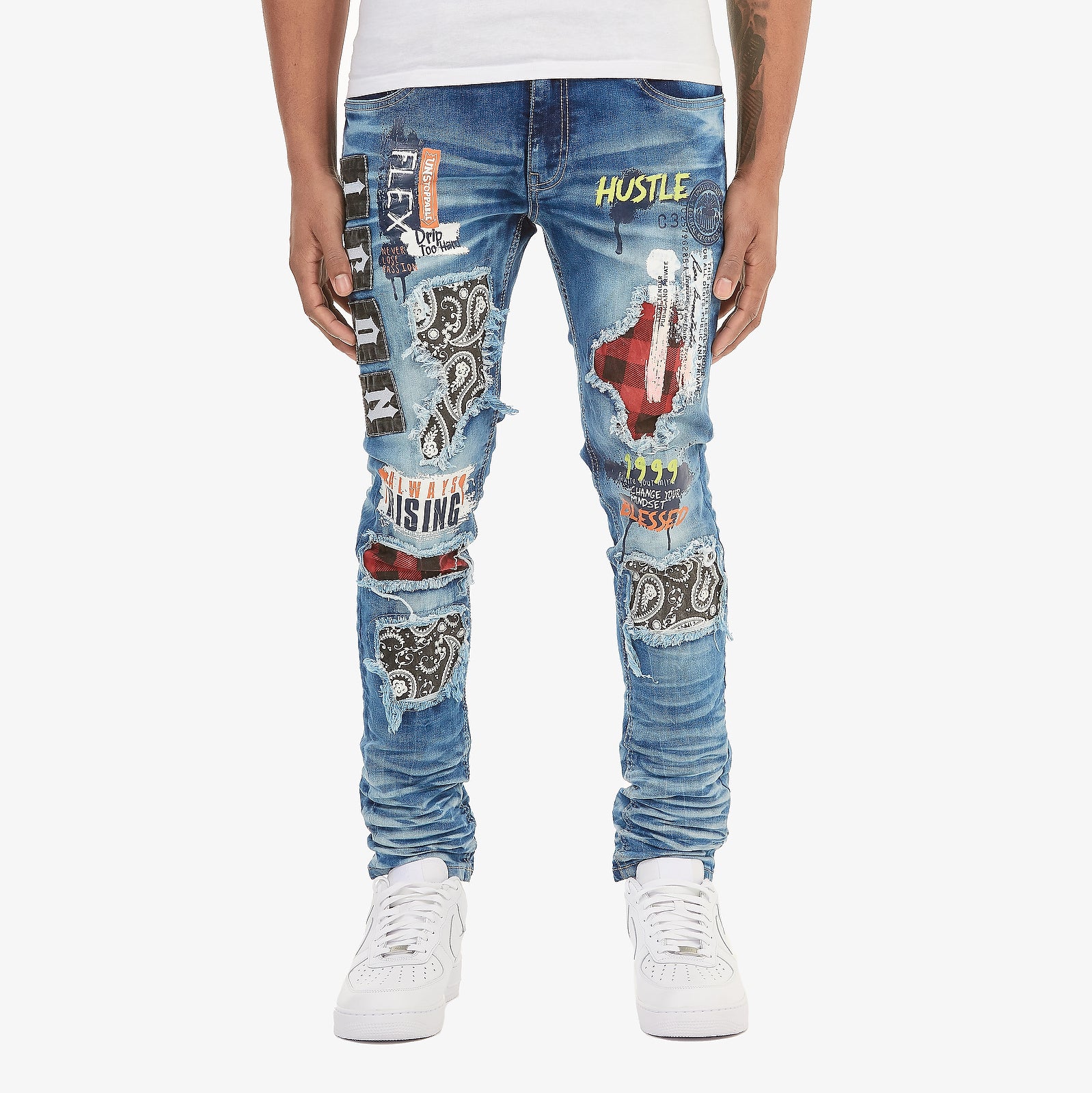 LIGHT SAND BLUE PLAID RIP & REPAIR JEANS