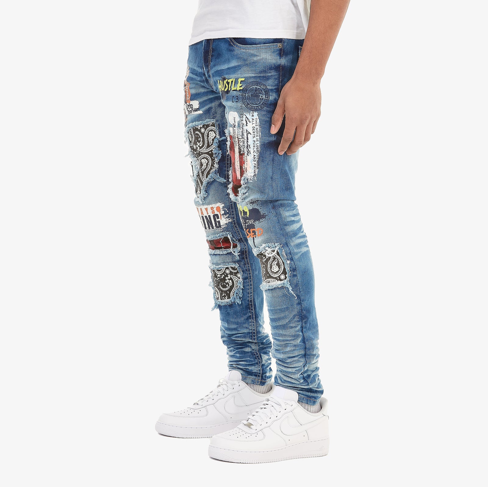 LIGHT SAND BLUE PLAID RIP & REPAIR JEANS