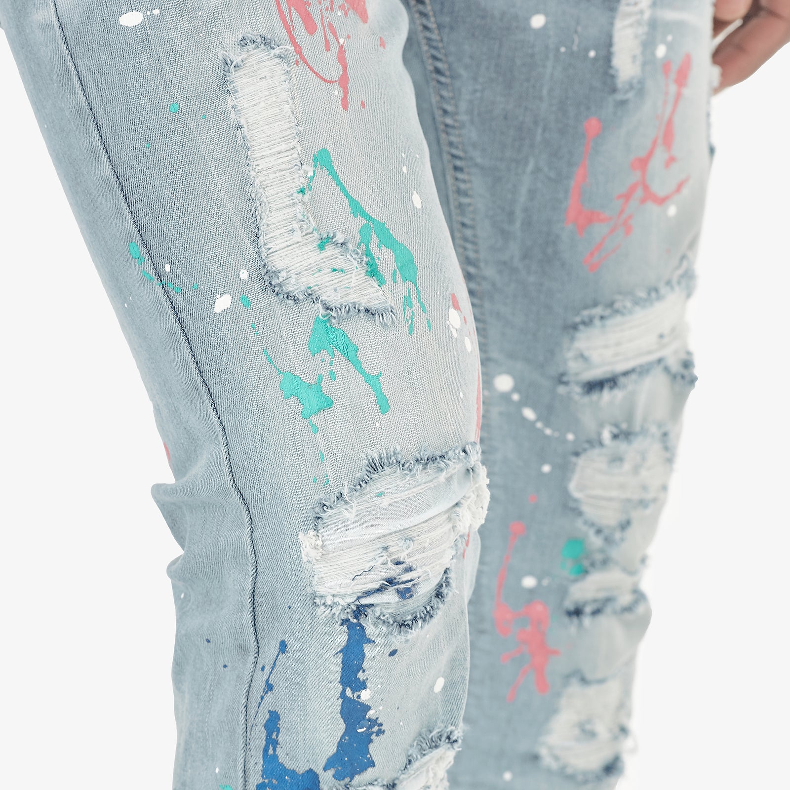 LIGHT SAND BLUE JEANS W/ MULTI COLOR PAINT DETAIL