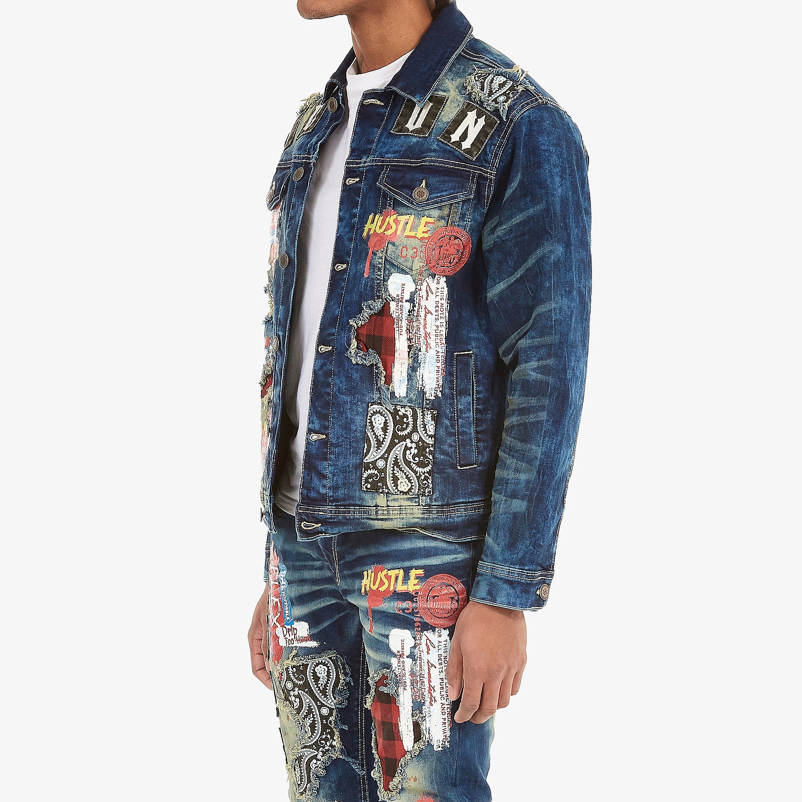 KHAKI TINT BLUE PLAID RIP & REPAIR JACKET
