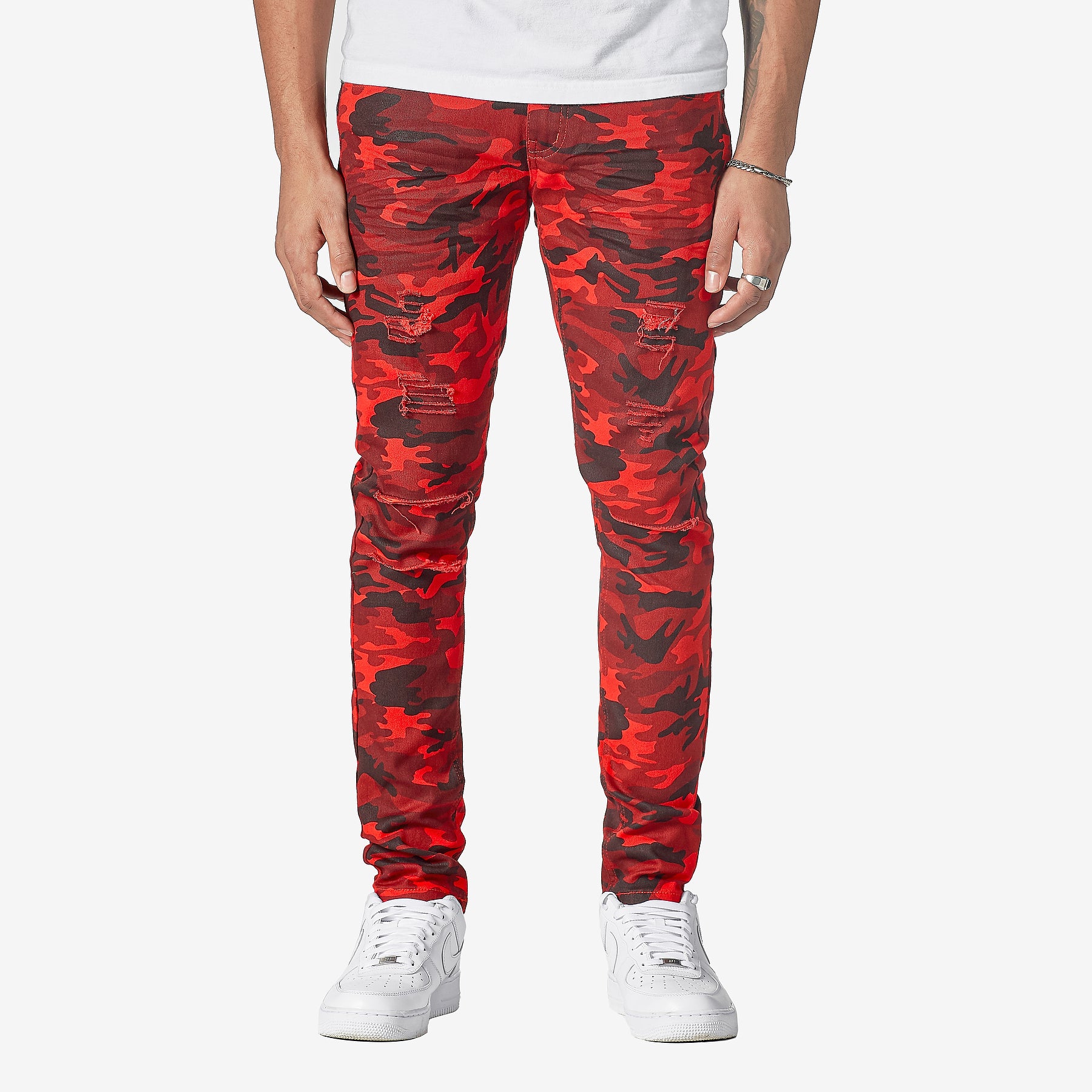 RED CAMO PANTS WITH RIPS - Copper Rivet