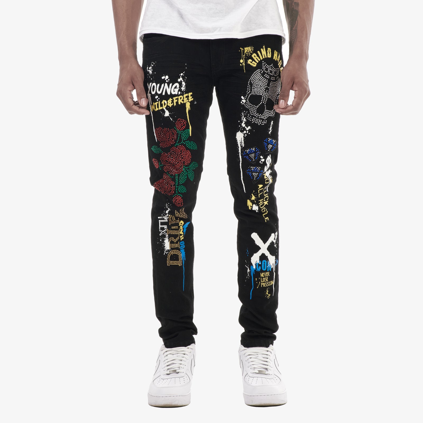 BLACK JEANS W/ STONE & PRINTS