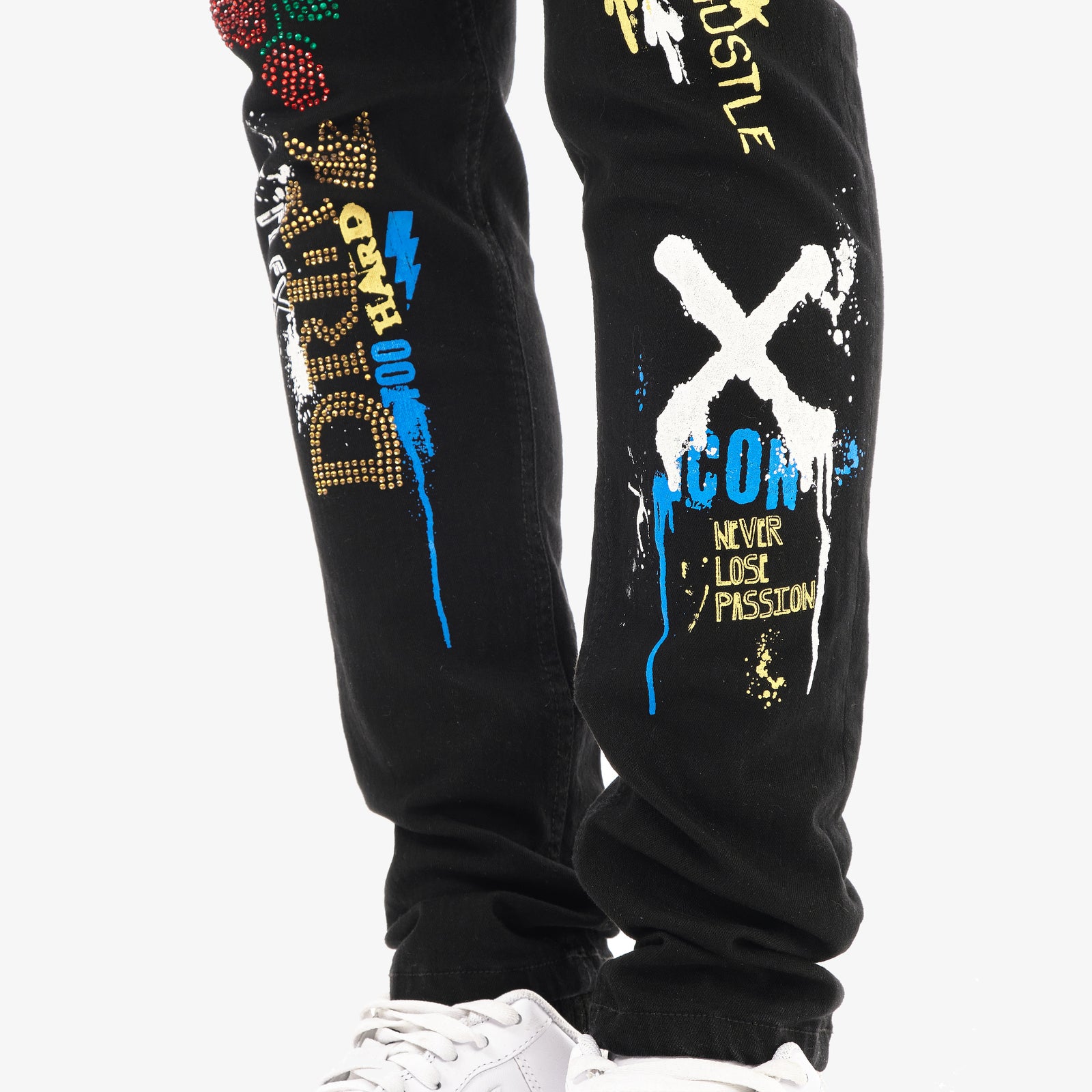 BLACK JEANS W/ STONE & PRINTS