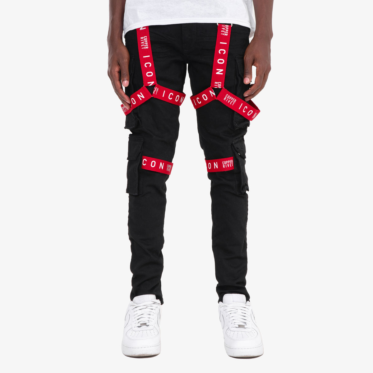 JET BLACK CARGO JEANS W/ STRAP DETAIL