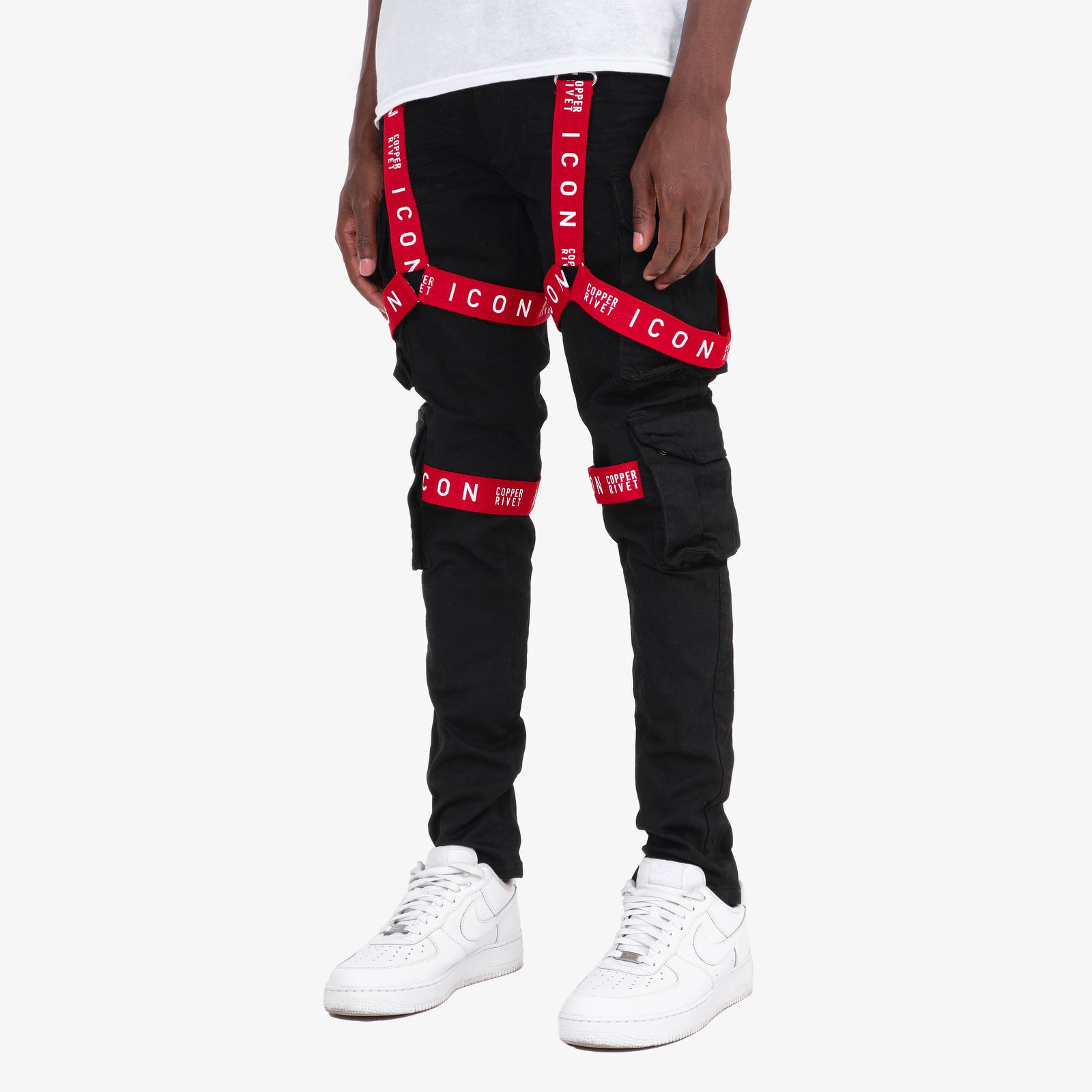 JET BLACK CARGO JEANS W/ STRAP DETAIL