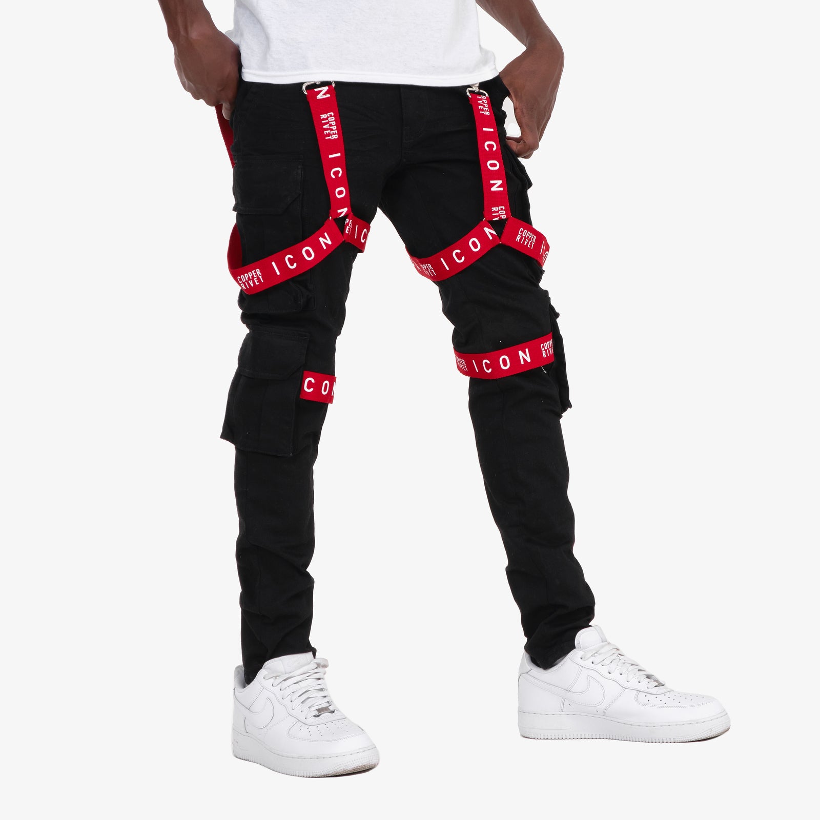 JET BLACK CARGO JEANS W/ STRAP DETAIL