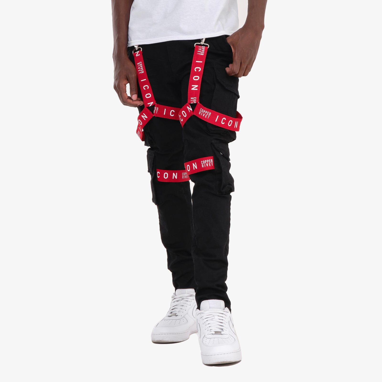 JET BLACK CARGO JEANS W/ STRAP DETAIL